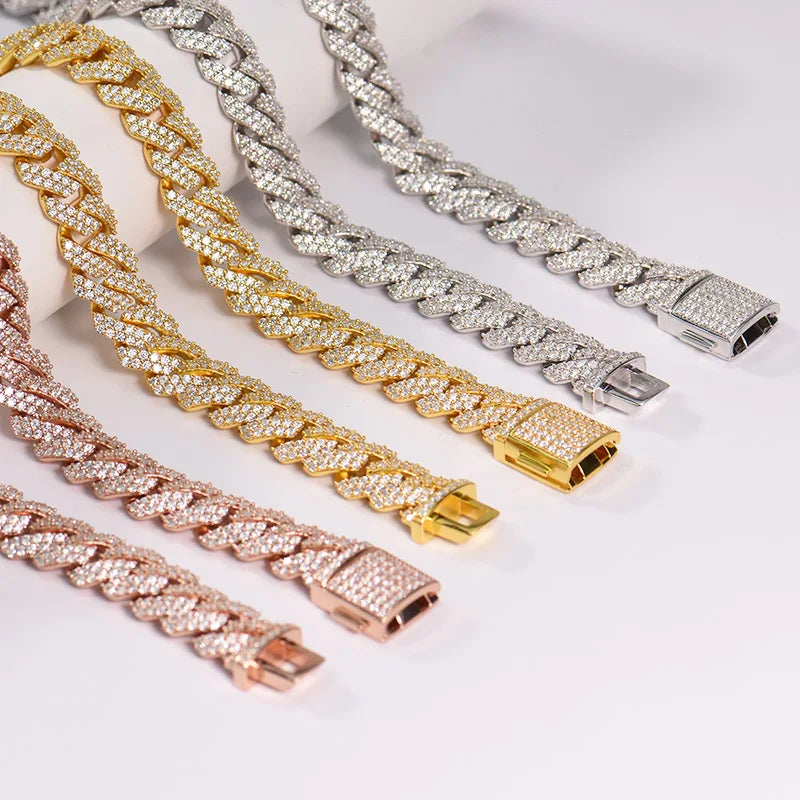 XIngyue Hip Hop  Moissanite Jewelry 12mm Cuban Link Chain Solid 925 Sterling Silver  Made with VVS DEF  Moissanite Stones