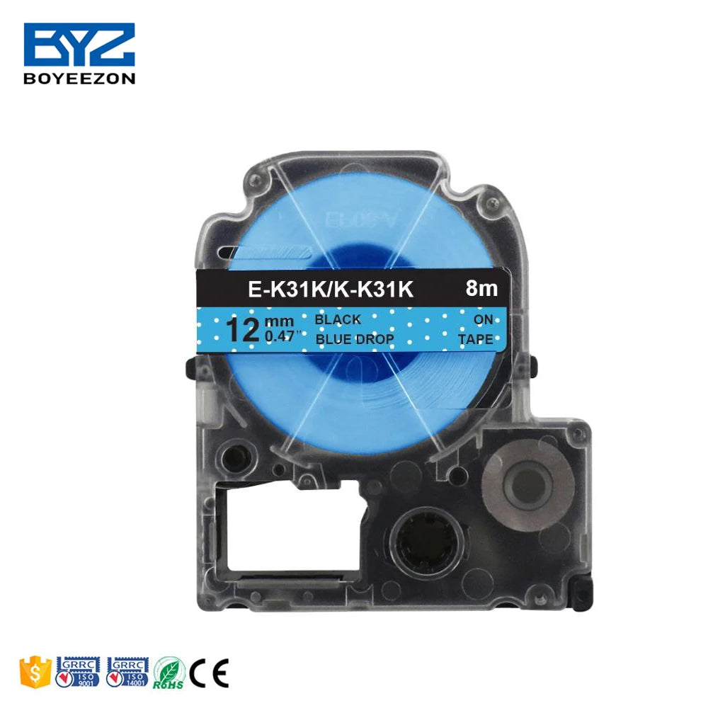 E-K31K/K-K31K Width 12mm X Length 8m Cartoon Label Tape Black on Blue Drop Compatible E-pson Label Tape