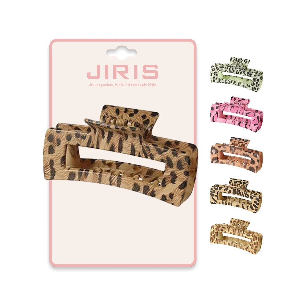 JIRIS New Design Solid Colors Elegant Leopard Pattern Hair Claw Clips Big Matte Hair Claw Clamps for Woman Girls Thick Hair