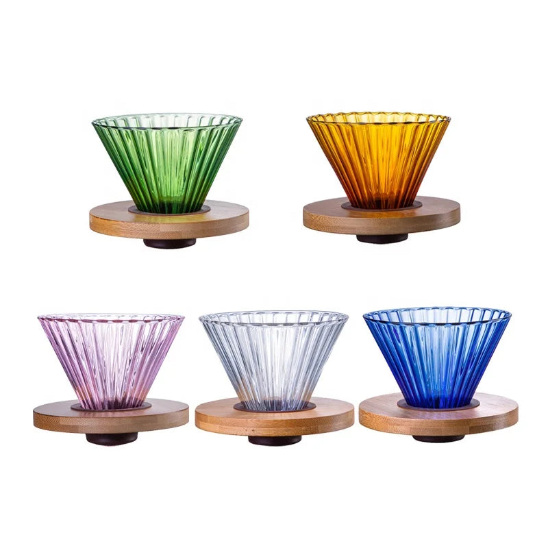 Ecocoffee Hot Sale Coffee Maker Coffee Filter Glass Coffee Dripper 2-4 Cups Colorful Easy Cleanup Wood Tray Sim