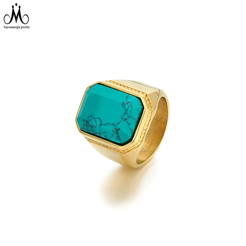 Fashion Men Ring Natural Stone Square 18K Gold Stainless Steel Thick Ring Jewelry