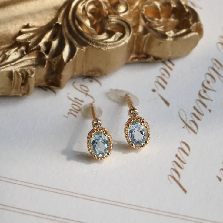 Elegant Vintage Pure 925 Sterling Silver Oval Shape Lake Blue Gemstone Aquamarine Stud Earrings for Women Girls