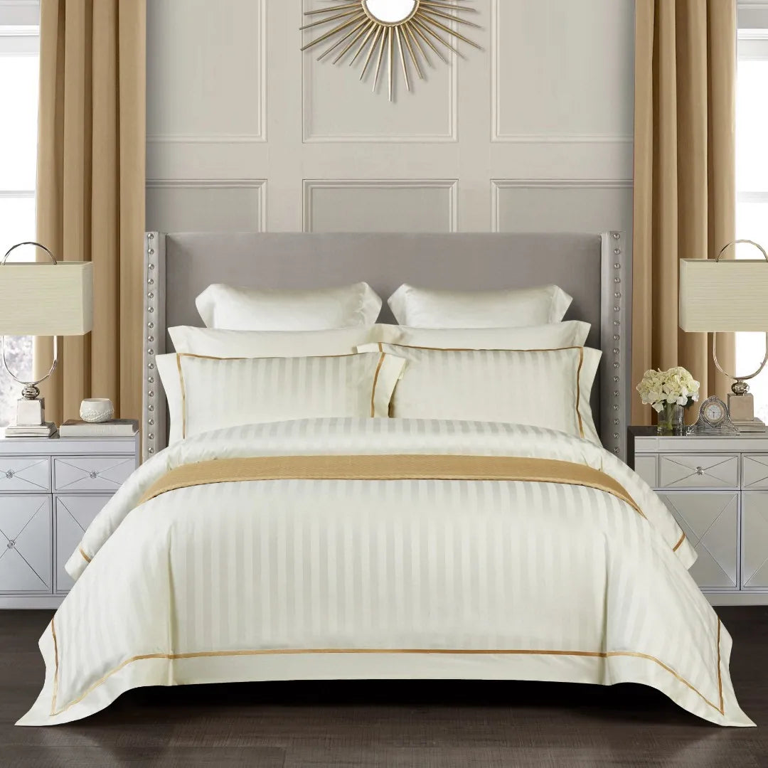 High-quality Luxury White Strip Jacquard Comforter Duvet Cover Cotton Green Pillow Cover 4-piece Bedding Set Supplier