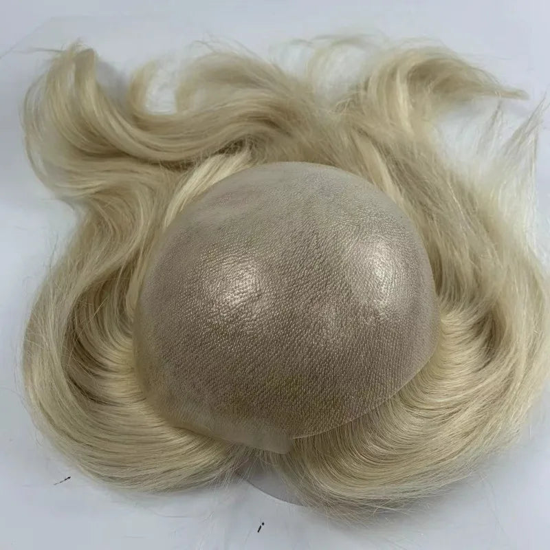 Knotted Full Thin Toupee White Blonde Color #60 12 Inch Transparent Skin