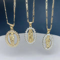 Oval Guadalupe Virgin San Jude Necklace for Women Figaro Chain Rhinestones Pendant Neck Jewelry