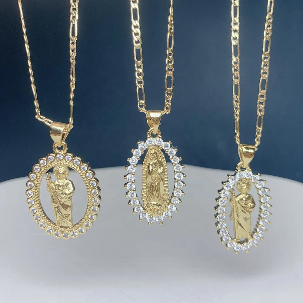 Oval Guadalupe Virgin San Jude Necklace for Women Figaro Chain Rhinestones Pendant Neck Jewelry