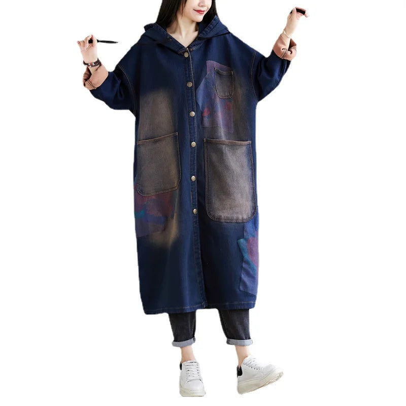 Wholesale 2026 Autumn New Large Size Old Wash Hood Personalized Bat Sleeve Single Breasted Women's Coat