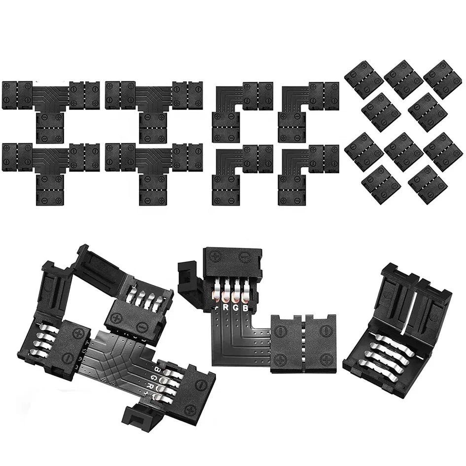 Solderless Connector 10MM 4pin I/L/T/X Shape Corner Connectors Black Free Welding LED Tape for 3528 5050 3014 RGB Strip Lights