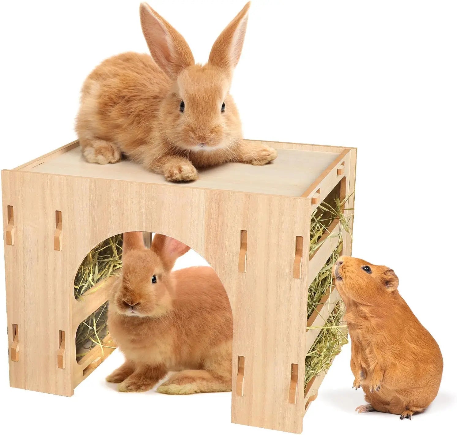 Wooden Rabbit Hay Feeder 3 in 1 Large Wooden Rabbit Hide Tunnel Durable Small Animal Hay Rack Rabbit Castle