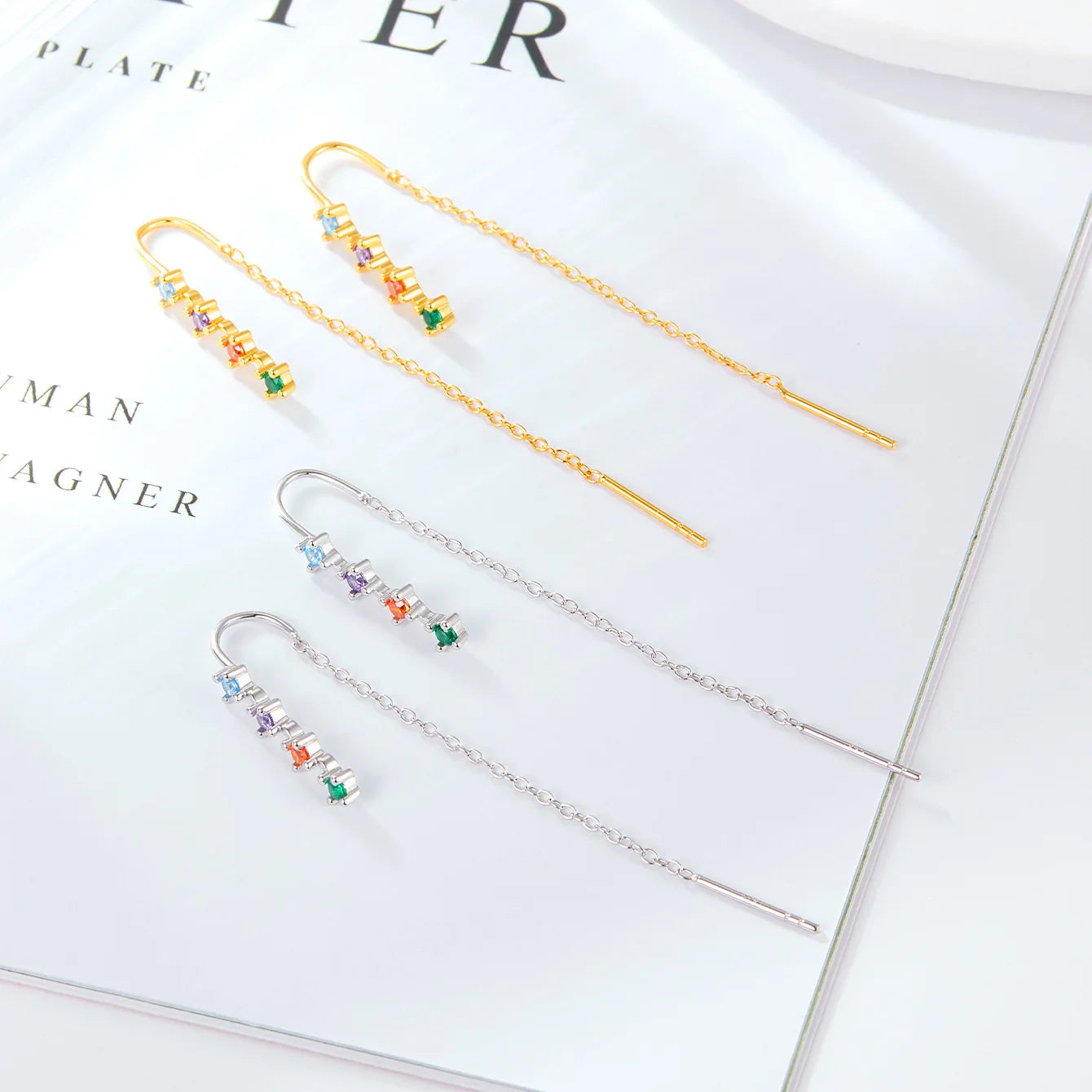 Fashion Jewelry 925 Sterling Silver Long Tassel rainbow Colored Small Zircon Gold Plated Stud Earring Jewelry for Women