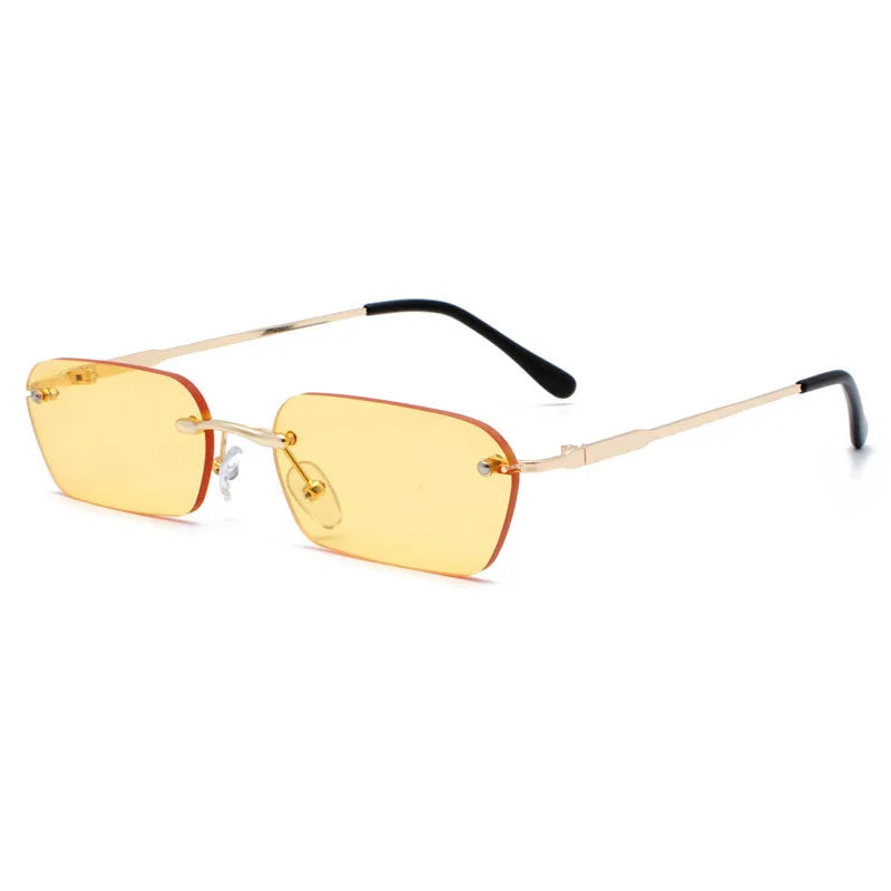 Luxury Gold White Clear Vintage Style Metal Sunglasses with Rectangle Rimless Frame Small Square Frameless Style