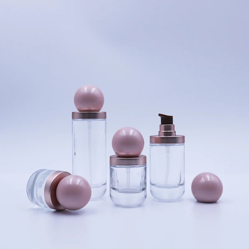 Custom Clear 20ml 30ml 60ml 100ml Luxury Glass Skin Care Serum Face Cream Pump Bottles Set Screen Printed Cosmetic Packaging