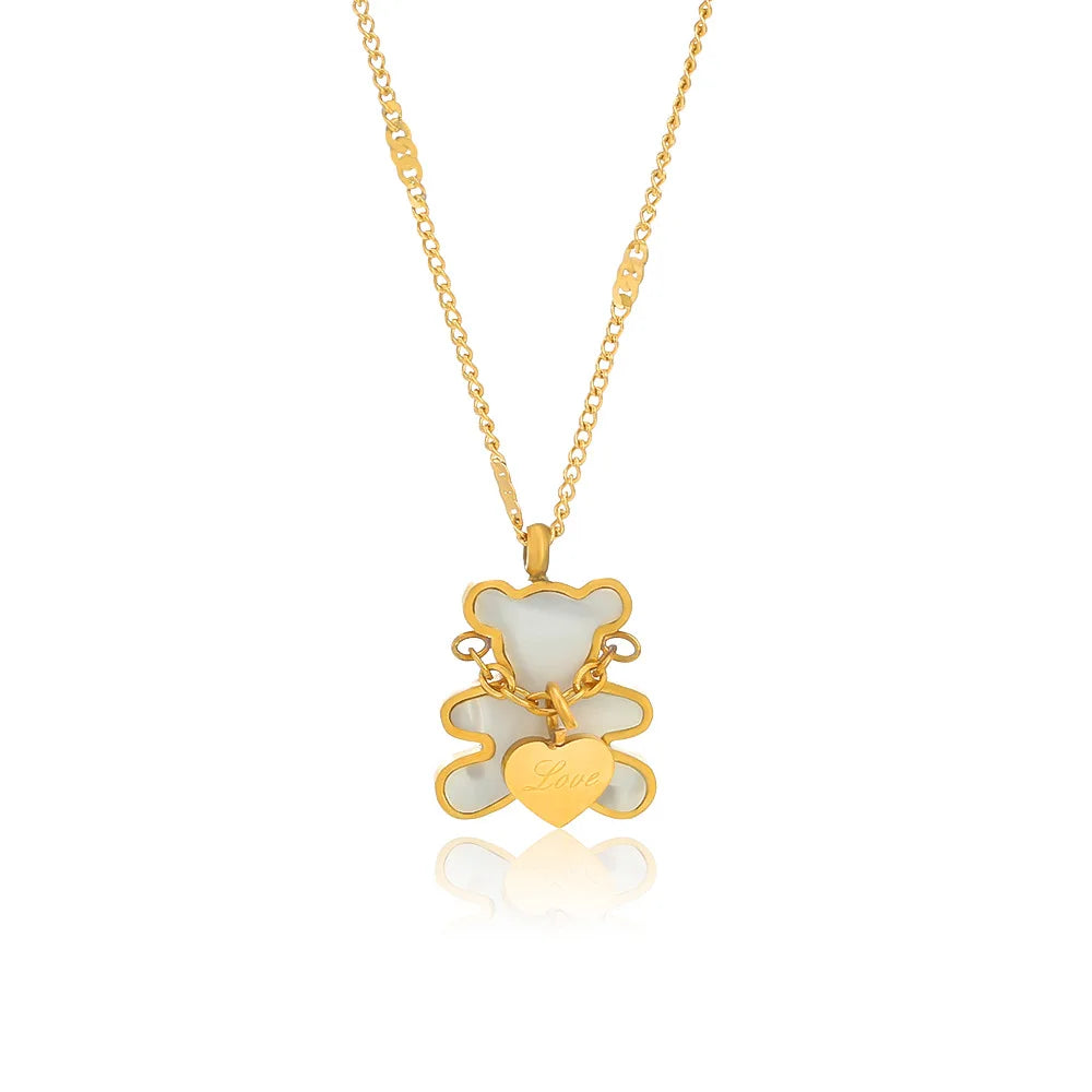 Hot Selling Love Collarbone Chain Women's White Shell Plated 18K Gold Stainless Steel Bear Necklace Jewelry