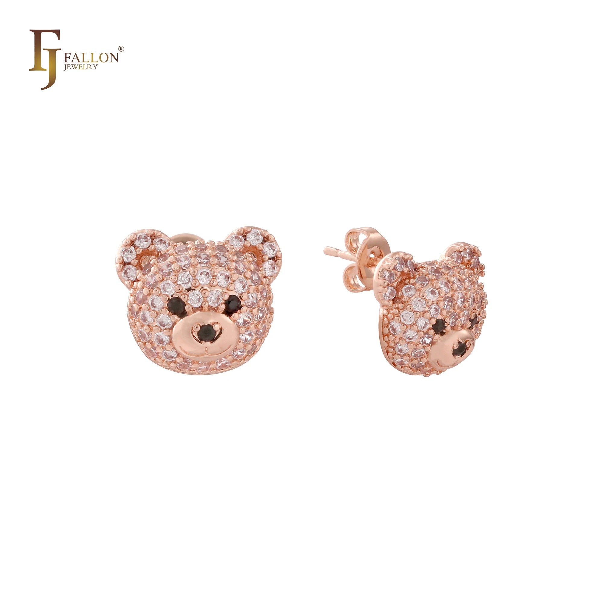 FJ Fallon Fashion Jewelry Cluster White CZs Little Bear Stud Earrings Plated in Rose Gold Brass Based