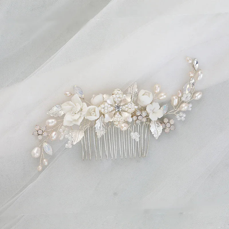 SLBRIDAL Handmade Rhinestones Crystals Freshwater Pearls Ceram Flower Bridal Hair Comb Wedding Hair Accessories Women Jewelry