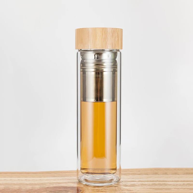 [JT-GT500]Double Wall 500ml Hot Cold Tea Detox Insulated Double Wall Glass Water Bottle with Bamboo Lid