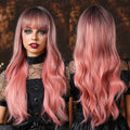 Factory Wholesale Synthetic  Pink Ombre Long Wavy Wig for Women Natural Hair With Bangs Cosplay Party Daily Wig