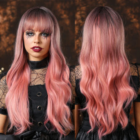 Factory Wholesale Synthetic Pink Ombre Long Wavy Wig for Women Natural Hair With Bangs Cosplay Party Daily Wig