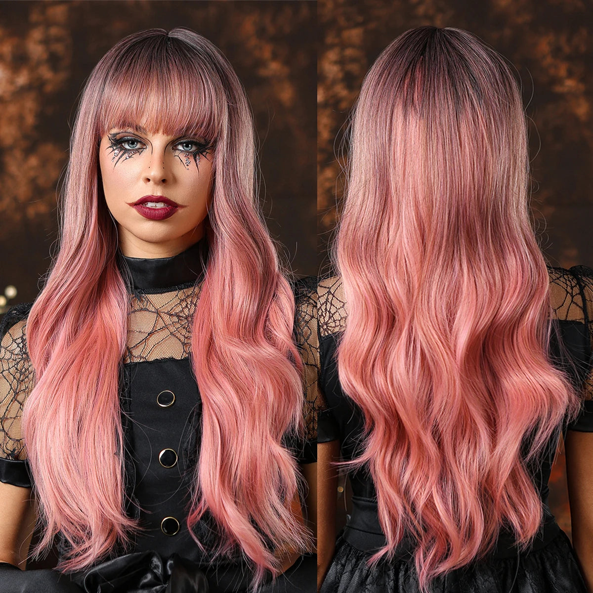 Factory Wholesale Synthetic  Pink Ombre Long Wavy Wig for Women Natural Hair With Bangs Cosplay Party Daily Wig