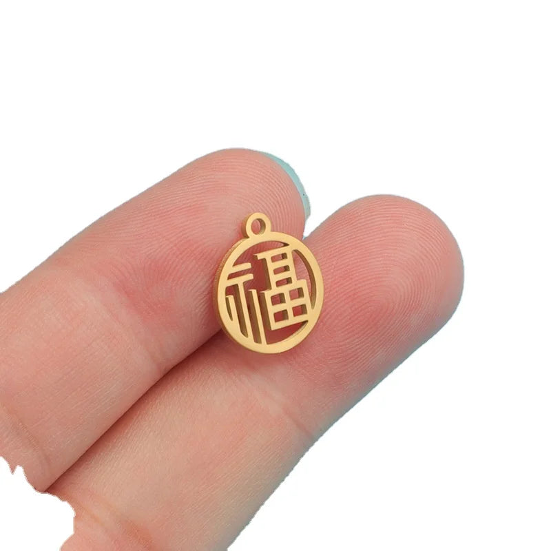 18k Gold Plated Pendant Chinese Style Child Charms Stainless Steel Hollow Blessing Pendant for Jewelry Accessories