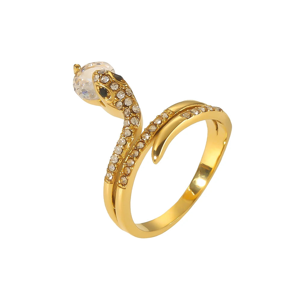Creative Stainless Steel 18K Gold-Plated Twisted Snake Design Cubic Zircon Paved Open Rings Adjustable for Women