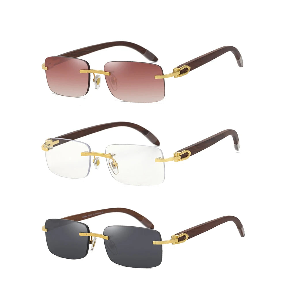 Stylish Modern Customised Luxury Sun Glasses Small Frame Rimless Shades Wooden Sunglasses Men 2021