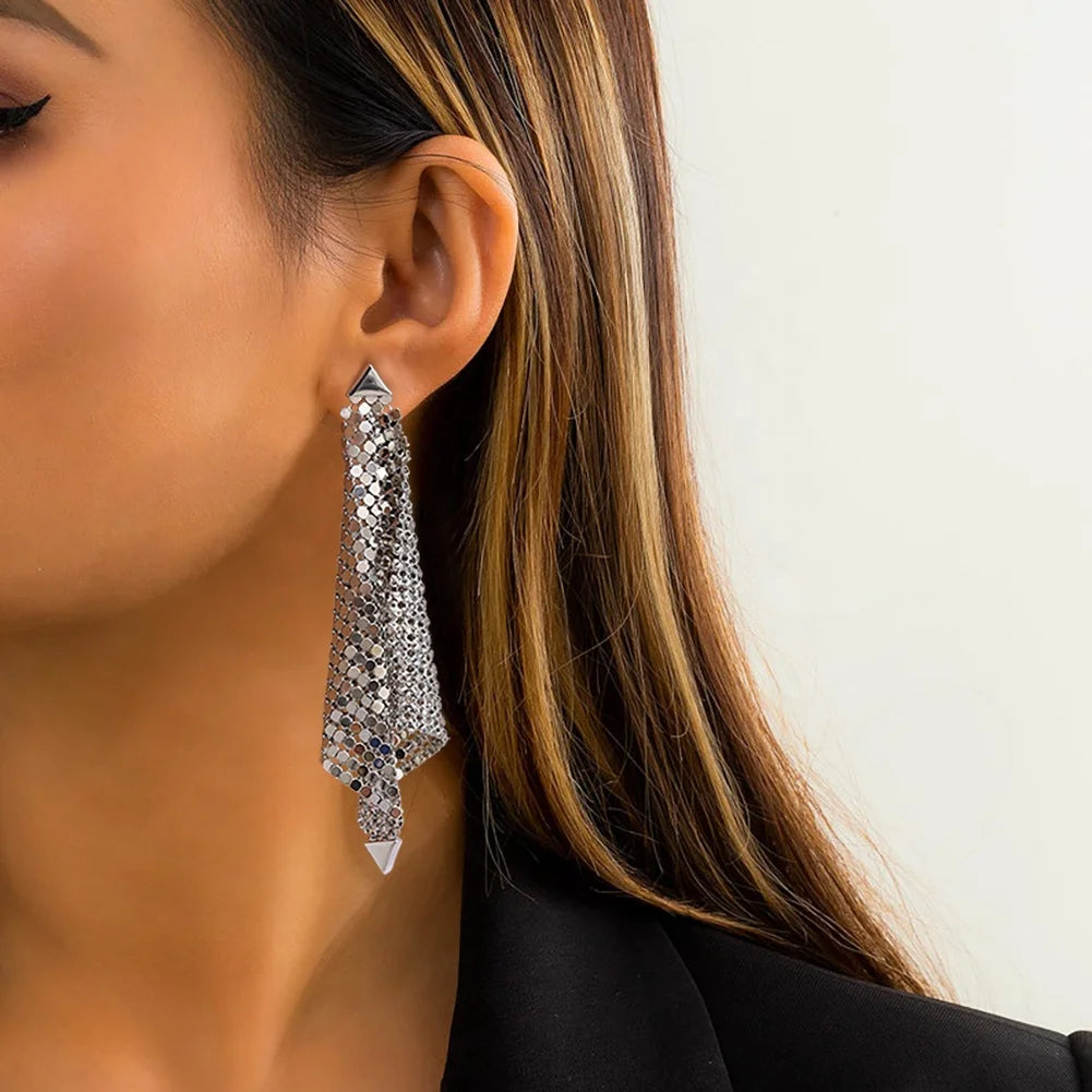 Large Luxury Drop Earrings Women Shiny Silver Plated Brass Sequin Mesh Grid Trendy Disco Prom Party Anniversary