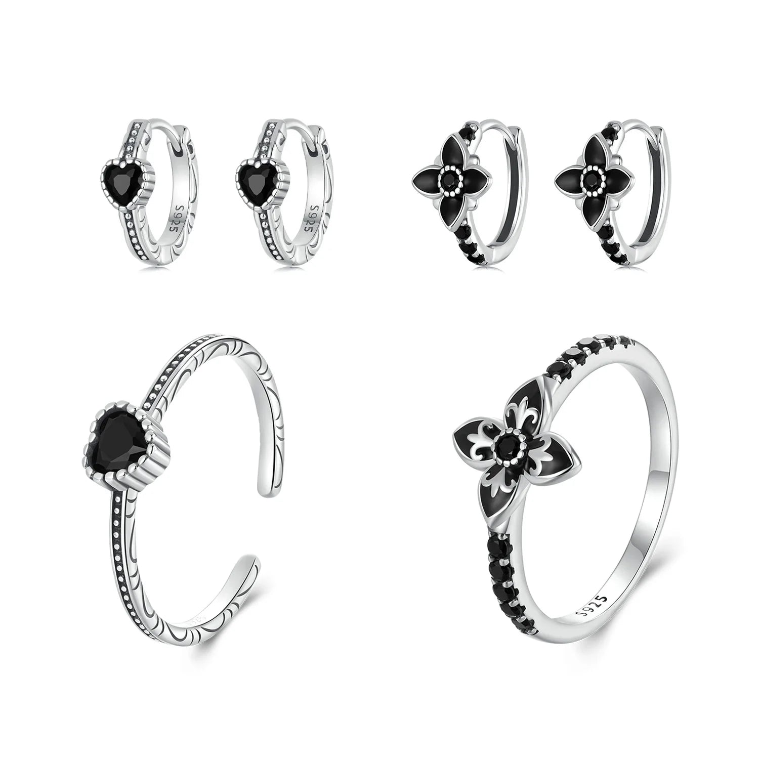 Custom Nightfall Heart Flower Hoop Earrings Sets Dainty Valentine Day Gift Unique Enamel Women Black Silver Earrings