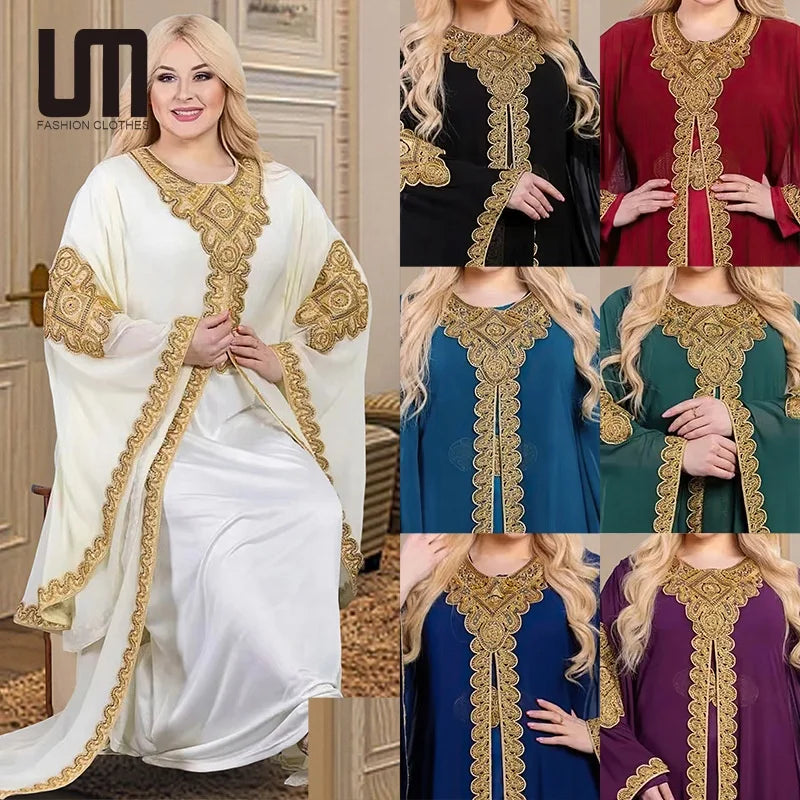 Liu Ming Wholesale Women Autumn Elegant Party Arab Morocco Abaya Dubai Turkey Flare Sleeve Robe Embroidery Muslim Dress