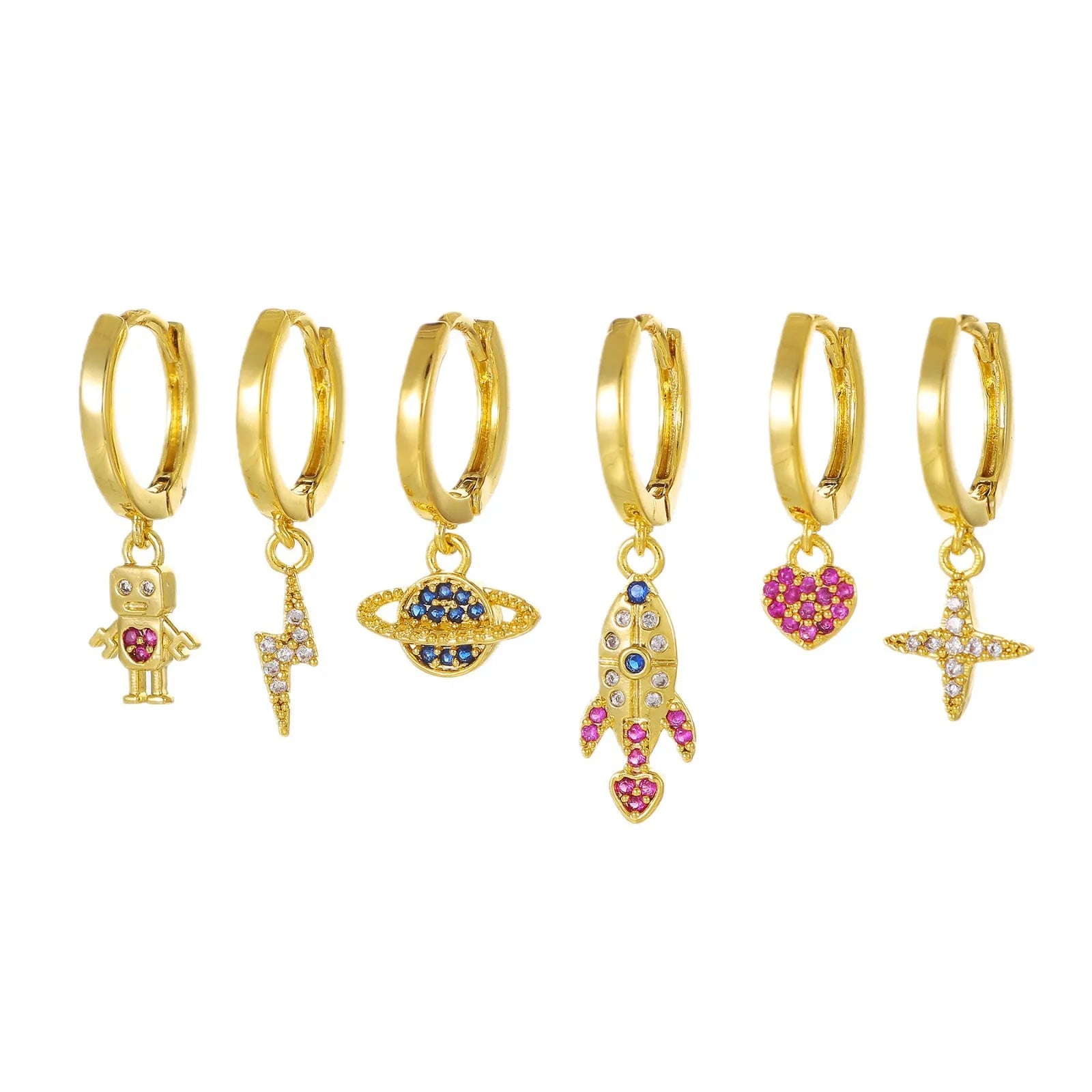 6Pcs Vibrant Heart-Shaped Multicolor Zircon Real Gold Plated Earrings Charm Earring for Multiple Piercings Jewelry Set