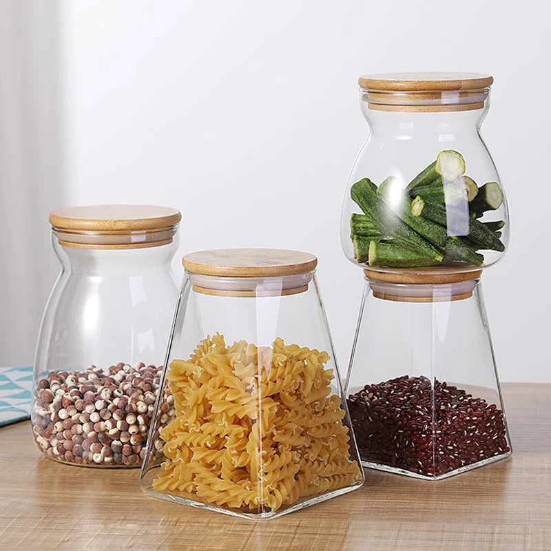 Food Storage Containers Bamboo Lid Empty Glass Jars Canisters for Kitchen