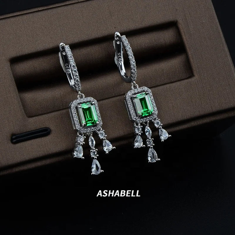 Customeized Top Quality Emerald Cut 925 Sterling Silver Tassels Elegant Hoop 5A Zircon Ice Cut Shinning Drop Earrings