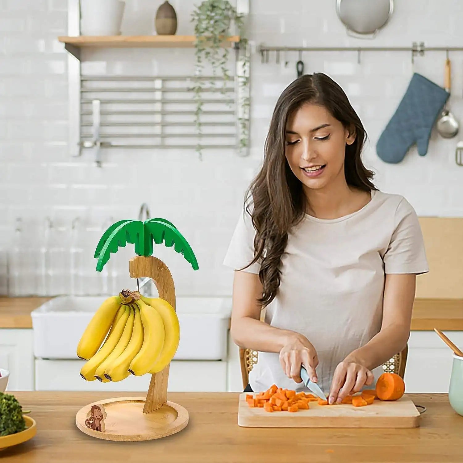 Cute Monkey Banana Tree Keeper Bamboo Sturdy Standing Type Multifunctional Hook Hanger Holder Stand Kitchen Countertop Great