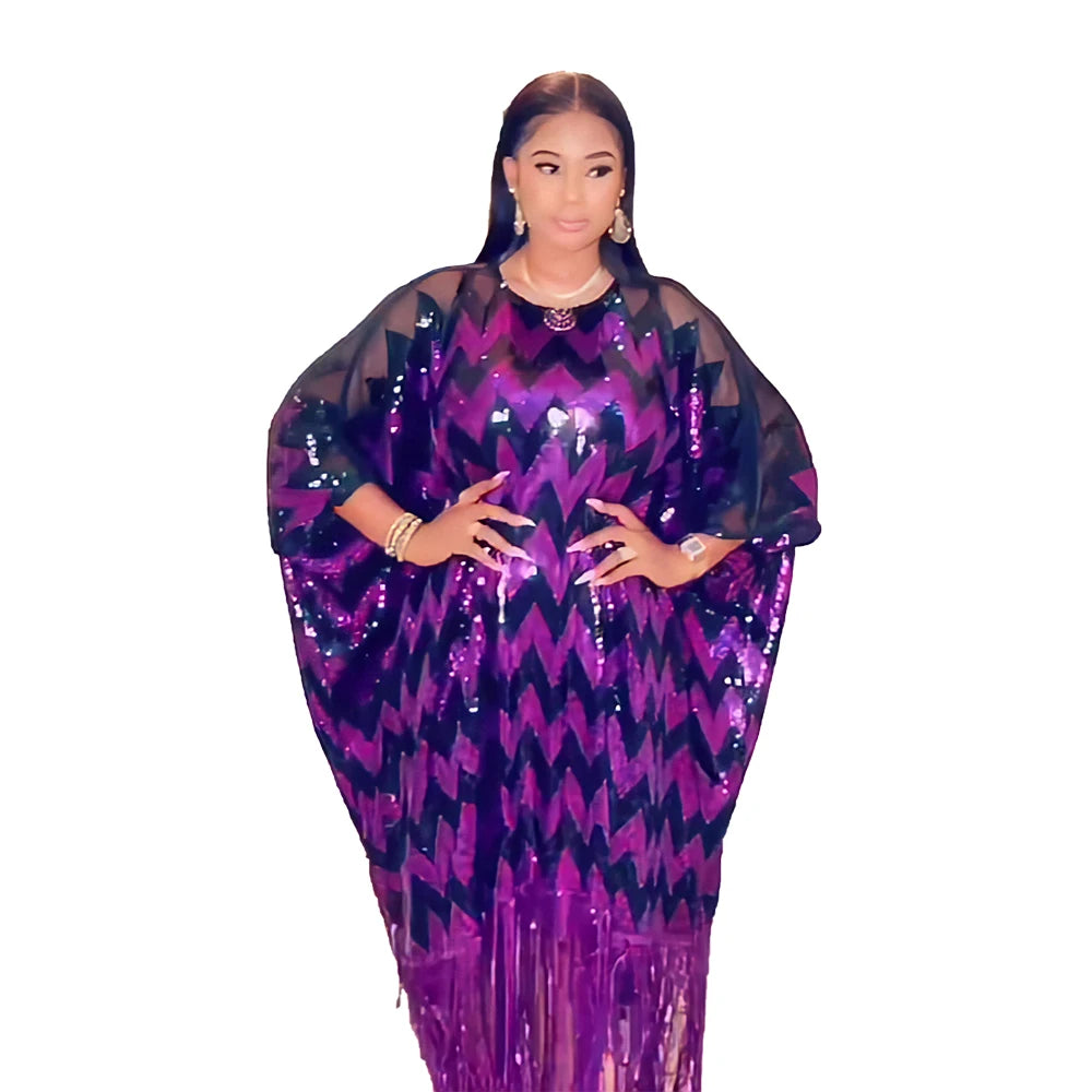 Popular Design African Thobe Sequin Dress African Attire Styles Tassels Ghana African Dress Designs Women Polyester Adults 200