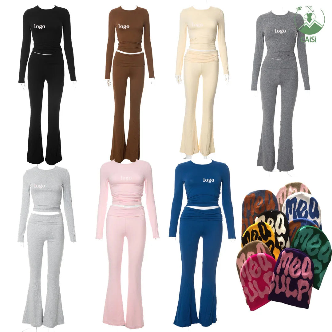 Custom Logo Soft 2 Piece Set Women's Clothing 2025 Autumn Flared Leggings Pants and Top T Shirt Set Loungewear Women Sets