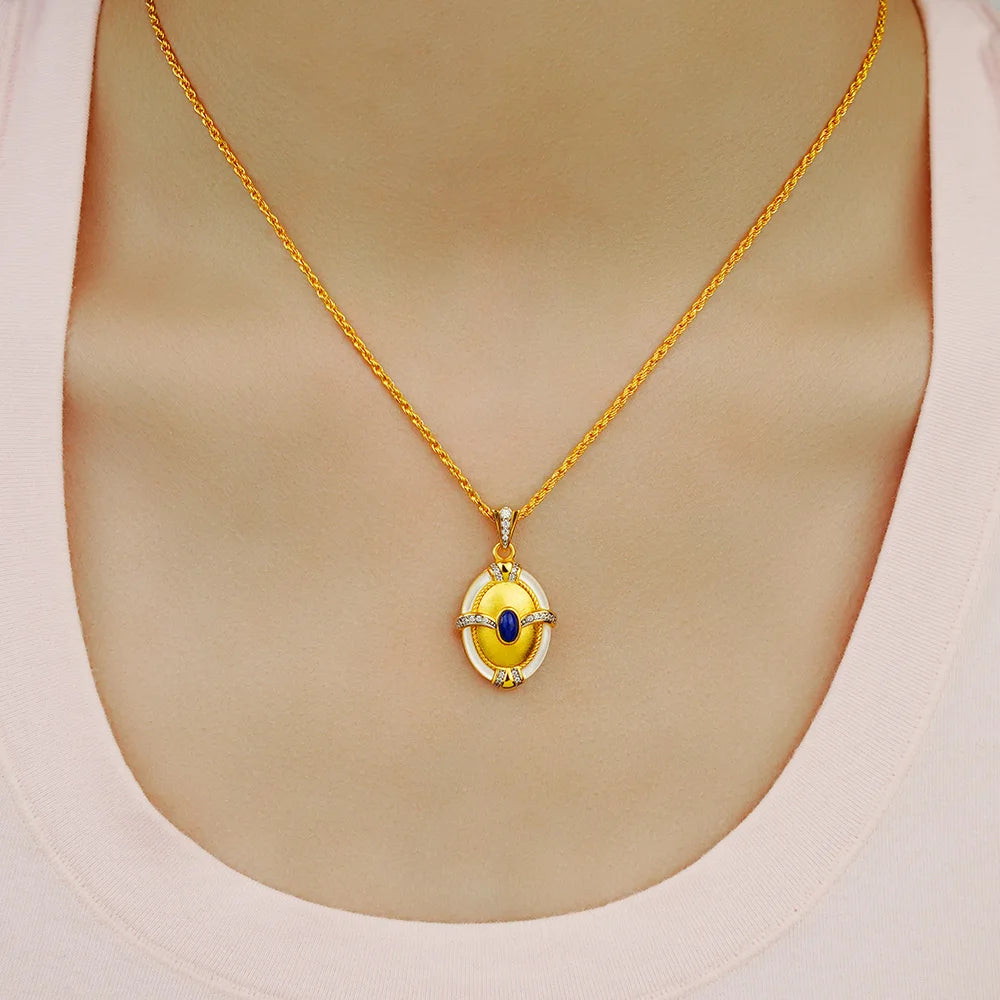 S925 Silver Fine Chains Necklace Hand Drawn Natural Lapis Lazuli White Mother Pearl Italian Filigree Jewelry S925 Sliver