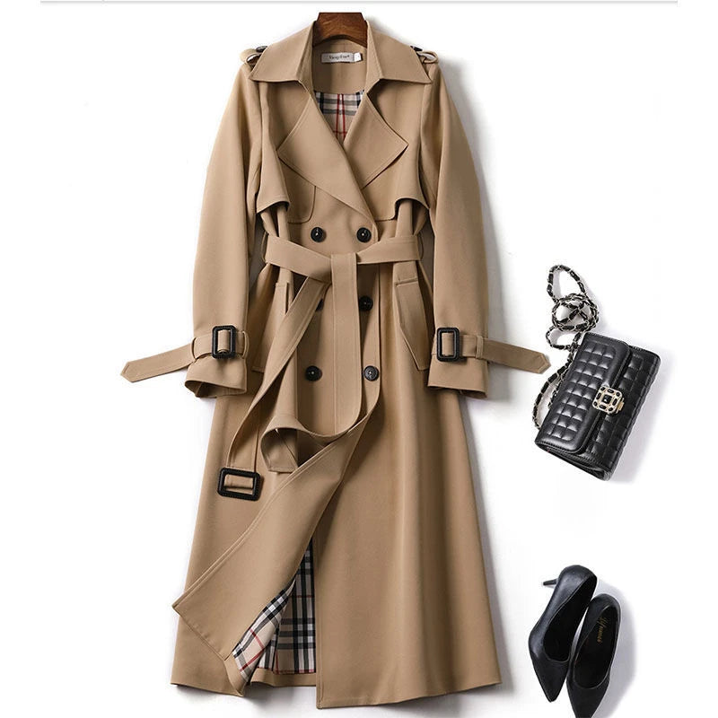 Women's Elegant Long Trench Coat Spring Casual Windbreaker with Single Breasted Closure Solid Pattern Business Suits