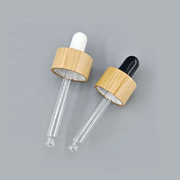18/410 Glass Pipette Serum Dropper 18mm Black Rubber Head Bamboo Screw Lid Closure Essential Oil Bottle Rubber Top Dropper Cap