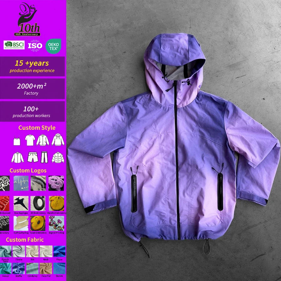 Qiaoshou Manufacturers Custom Windbreaker Zip up Hoodie Nylon Washed Vintage Lightweight Windproof Climbing Jacket Men