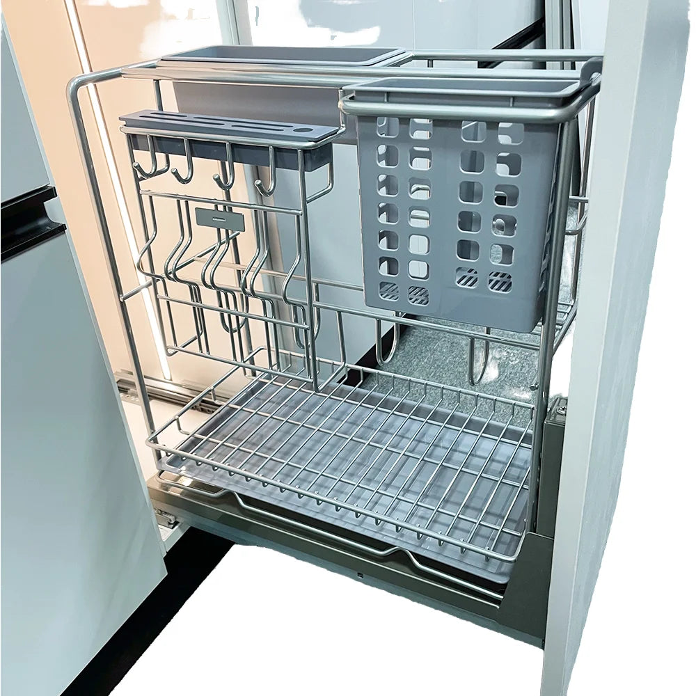 Modern 2-Tier Sink Cabinet Seasoning Basket Stackable Chrome Storage Drawer Lazy Susan Compatible Wire Wood Construction Easy