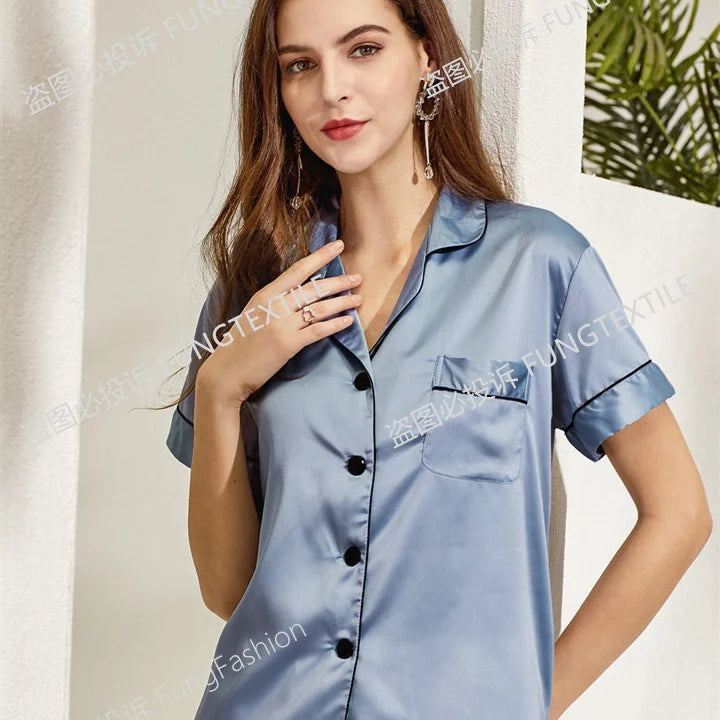 FUNG 3034  Pajamas Sexy Lady Nightwear Short Pajamas Sets for Women Top Satin Pajamas Sets