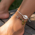 SHIXIN Bohemian Shell Colorful Rice Beads Wax Thread Anklet Women Summer Beach Ethnic Alloy Printed Disc Pendant Foot Chain