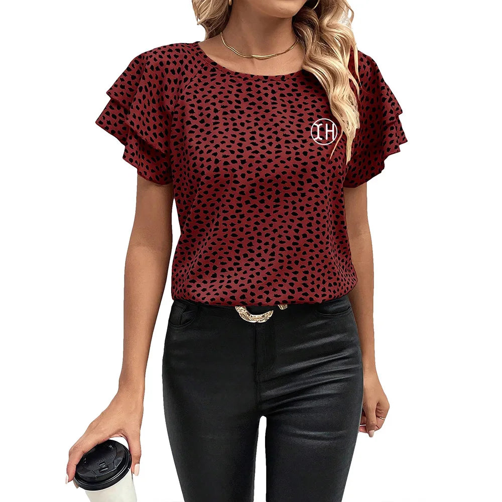 Women's Summer Casual Loose Chiffon Blouse Wholesale Lotus Leaf Double Neck Leopard Printed Breathable Top