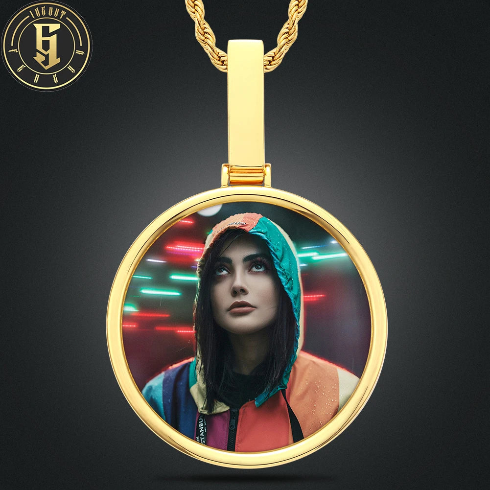 Mens 45mm Circle Photo Necklace Customize  Brass Jewelry Memory Personalized Picture Necklaces for Gift