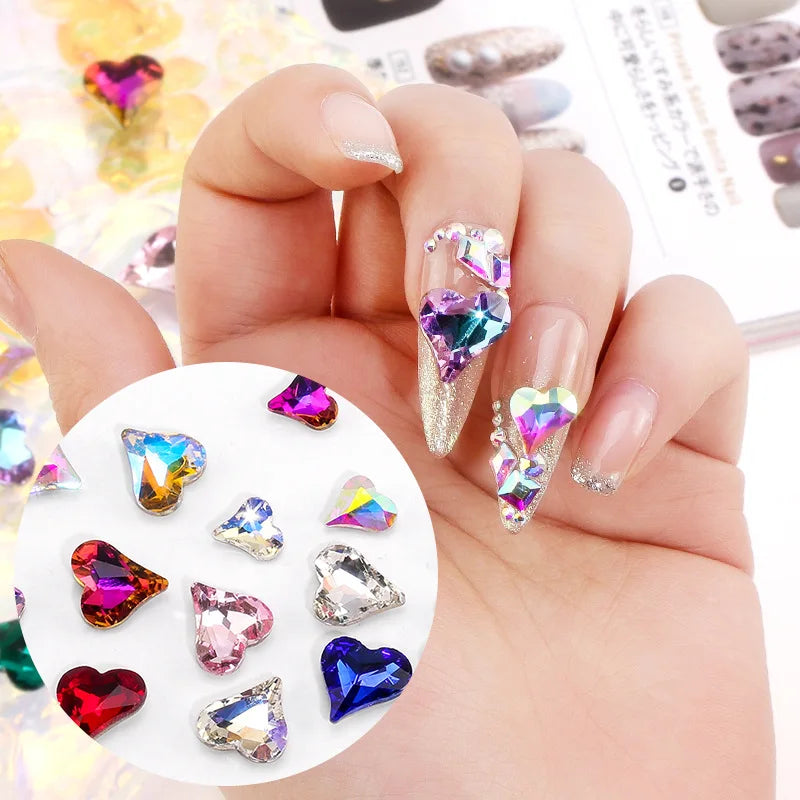 QIAO 10PCS Multi-color Jewelry Luxury Shiny Decoration Accessories Nail Art Crooked Heart Diamond Crystal Bridal Nails Charms