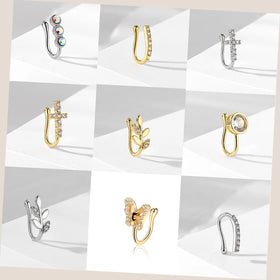 Trend Gold Color Leaf Zircon Cross Geometric Nose Clip Butterfly Piercing Jewelry for Women Jewelry