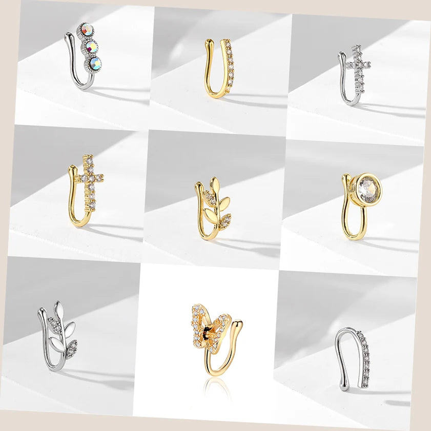 Trend Gold Color Leaf Zircon Cross Geometric Nose Clip Butterfly Piercing Jewelry for Women Jewelry