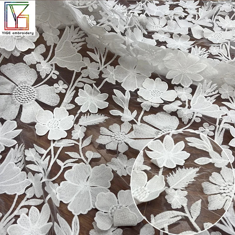 Wholesale White Lace Mesh Fabric Polyester Clothing Net Embroidered Tulle Mesh Bridal Wedding 3D Lace Fabric