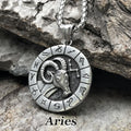 Hip Hop Classic 12 Zodiac Signs Stainless Steel Silver Plated Sweater Chain Two Sided Round Pendant Necklace for Wedding & Party