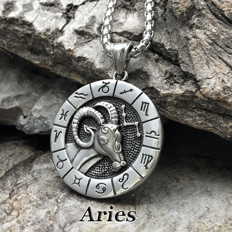 Hip Hop Classic 12 Zodiac Signs Stainless Steel Silver Plated Sweater Chain Two Sided Round Pendant Necklace for Wedding & Party